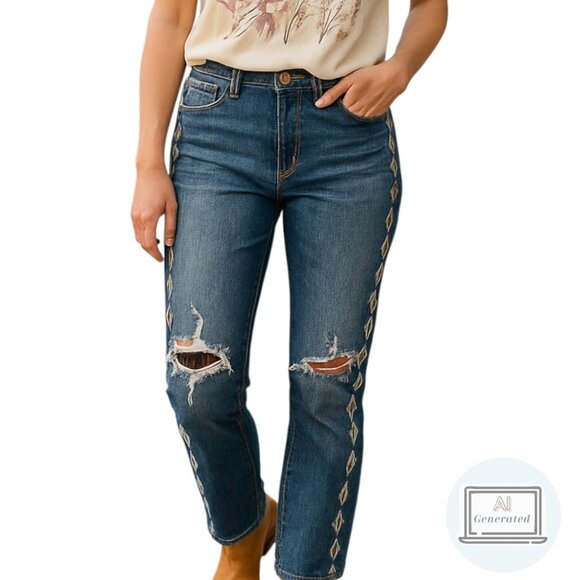 Vigoss Womens The Jagger Skinny Stretch Denim Distressed Embroidered Size 32x31 - Picture 1 of 13